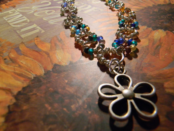 Silver Link Necklace Multi Color Glass Beaded Necklace